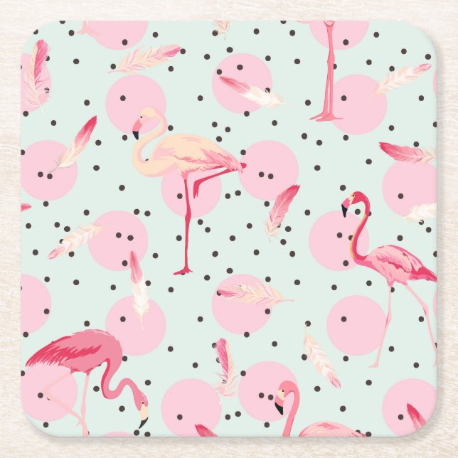 Flamingo Feathers On Polka Dots 2 Square Paper Coaster (Front)