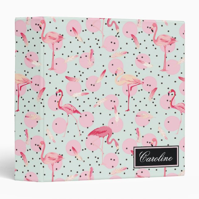 Flamingo Feathers On Polka Dots | Add Your Name Binder (Front/Spine)