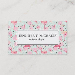 Flamingo Feathers On Polka Dots   Add Your Name Business Card