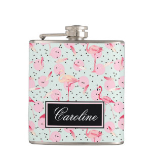Flamingo Feathers On Polka Dots   Add Your Name Hip Flask