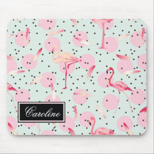 Flamingo Feathers On Polka Dots   Add Your Name Mouse Pad