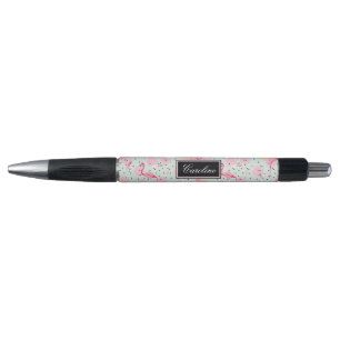 Flamingo Feathers On Polka Dots   Add Your Name Pen
