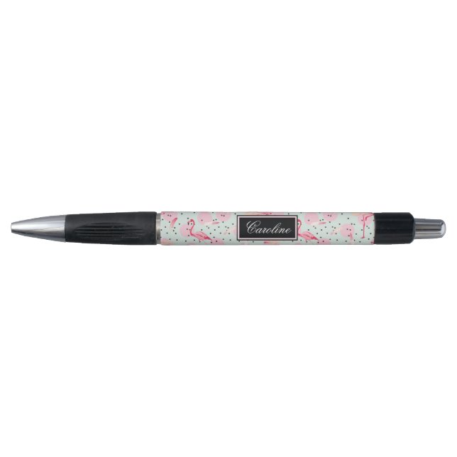 Flamingo Feathers On Polka Dots | Add Your Name Pen (Front)