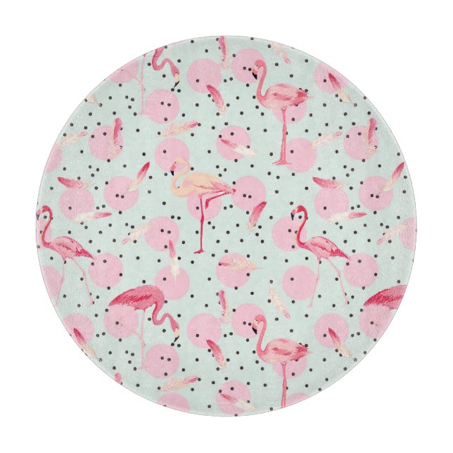 Flamingo Feathers On Polka Dots Cutting Board (Front)