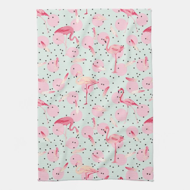Flamingo Feathers On Polka Dots Kitchen Towel (Vertical)