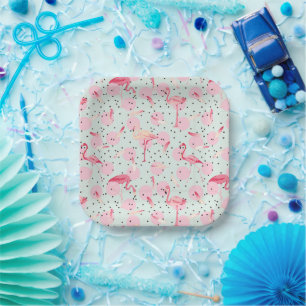Flamingo Feathers On Polka Dots Paper Plate