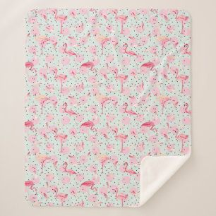 Flamingo Feathers On Polka Dots Sherpa Blanket
