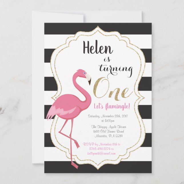 Flamingo First Birthday Invitation Girl (Front)