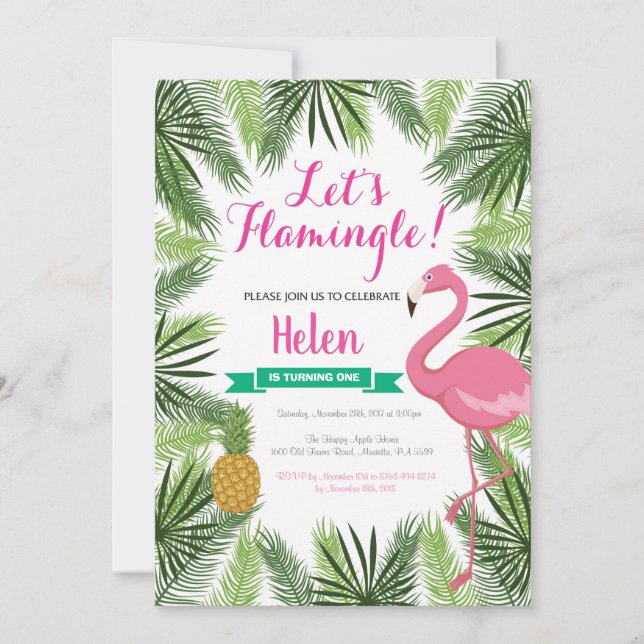 Flamingo First Birthday Invitation Girl (Front)