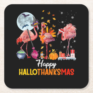 Flamingo   Flamingo Halloween And Merry Christmas Square Paper Coaster