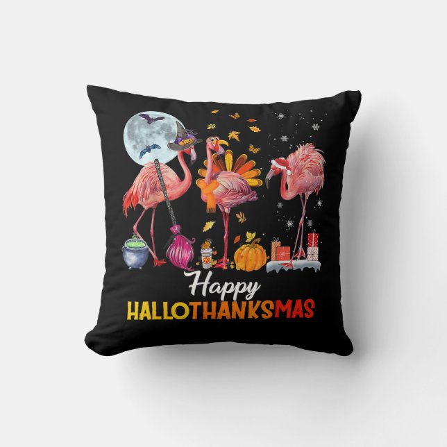 Flamingo | Flamingo Halloween And Merry Christmas Throw Pillow (Front)