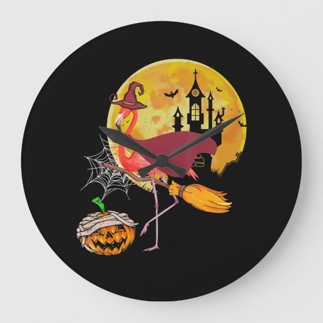 Flamingo | Flamingo Riding Broom Pumpkin Halloween Large Clock (Front)