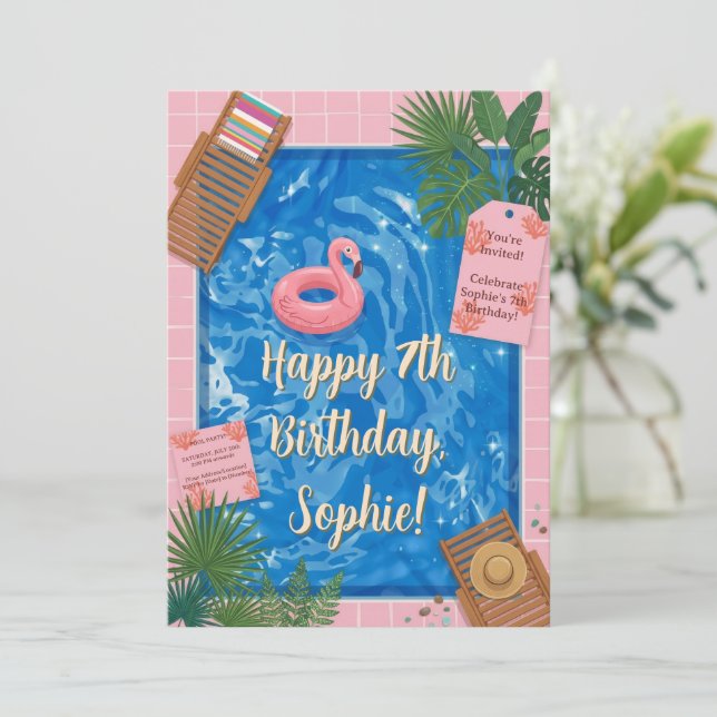 Flamingo Float Pool Party  Invitation (Standing Front)