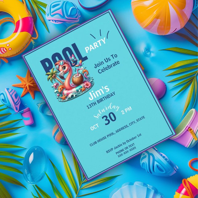 Flamingo Floating In Pool Birthday Party Invitation (Creator Uploaded)