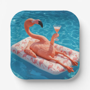 Flamingo Floating With a Cocktail In a Pool Paper Plate