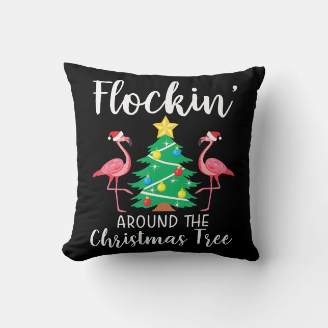 Flamingo | Flockin Around Christmas Tree Flamingo Throw Pillow (Front)
