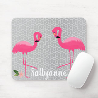 FLAMINGO FLORAL CUSTOMIZABLE SILVER GREY LEOPARD MOUSE PAD