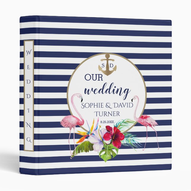 Flamingo Floral Luau Navy Blue Wedding Photo Album Binder (Front/Spine)