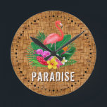Flamingo Floral Paradise Round Clock<br><div class="desc">A pink flamingo,  tropical flowers and leaves on woven wicker print pattern and the word PARADISE makes a stylish summer themed wall clock. MATCHING items in our store.</div>