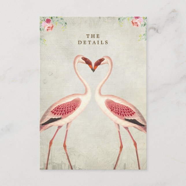 flamingo floral wedding details information card (Front)
