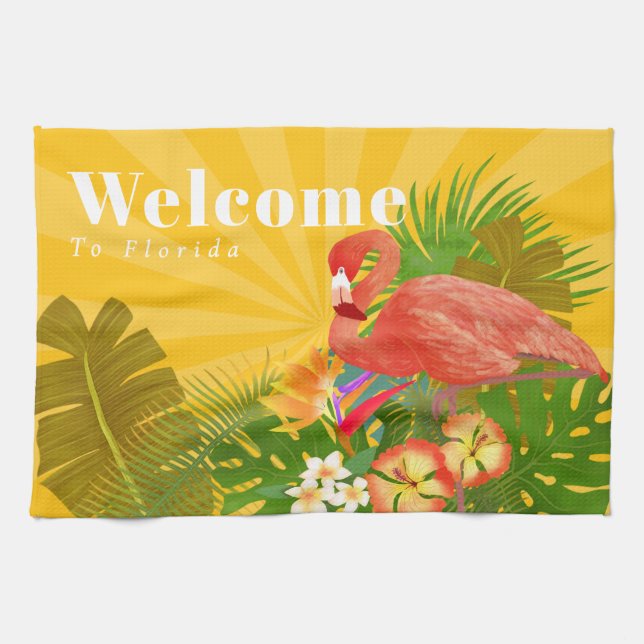 Flamingo Florida Welcome Yellow Orange Kitchen Towel (Horizontal)