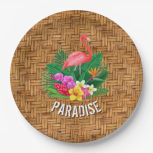 Flamingo Flowers on Wicker Pattern Paper Plate