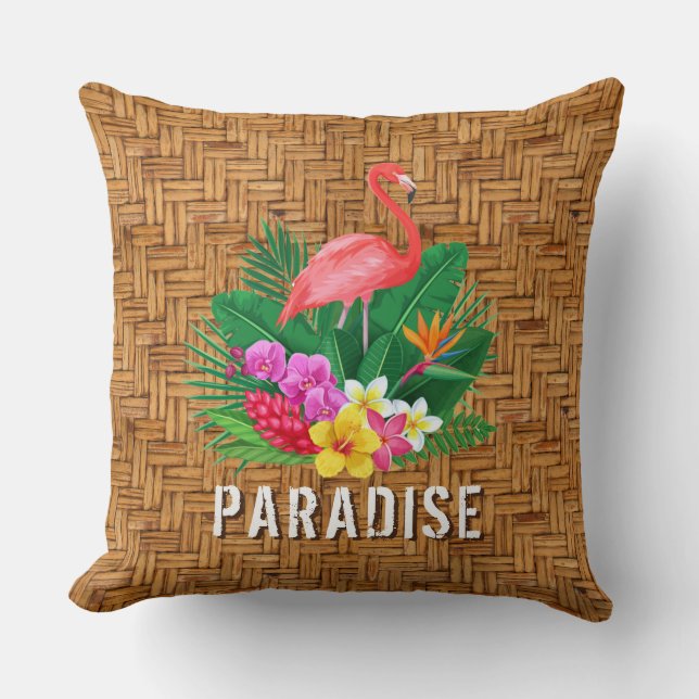 Flamingo Flowers on Wicker Pattern Throw Pillow (Front)