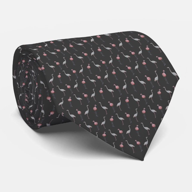Flamingo Frenzy Tie (Dark Grey) (Rolled)