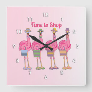 Flamingo Friends are Ready to Shop Square Wall Clock