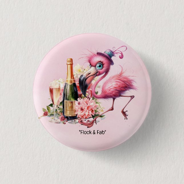 Flamingo Funny Face with Champagne for party  1 Inch Round Button (Front)
