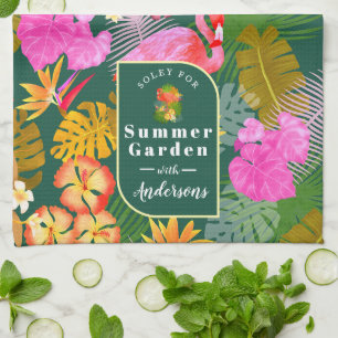 Flamingo Garden Dark Green Kitchen Towel