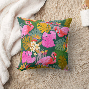 Flamingo Garden Dark Green Throw Pillow