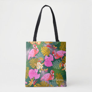 Flamingo Garden Dark Green Tote Bag