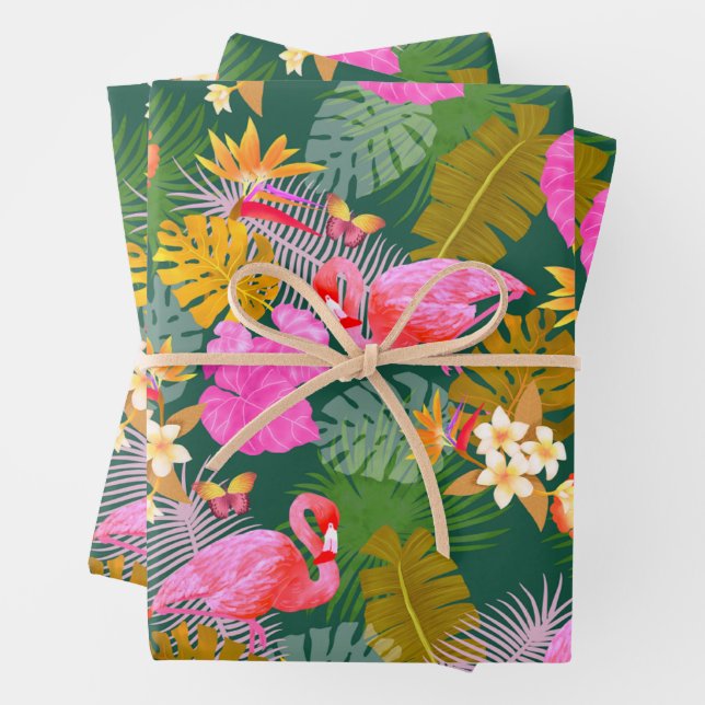 Flamingo Garden Dark Green Wrapping Paper Sheet (In situ)