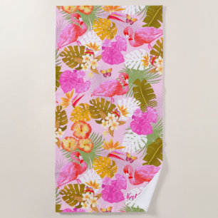 Flamingo Garden Pink Beach Towel