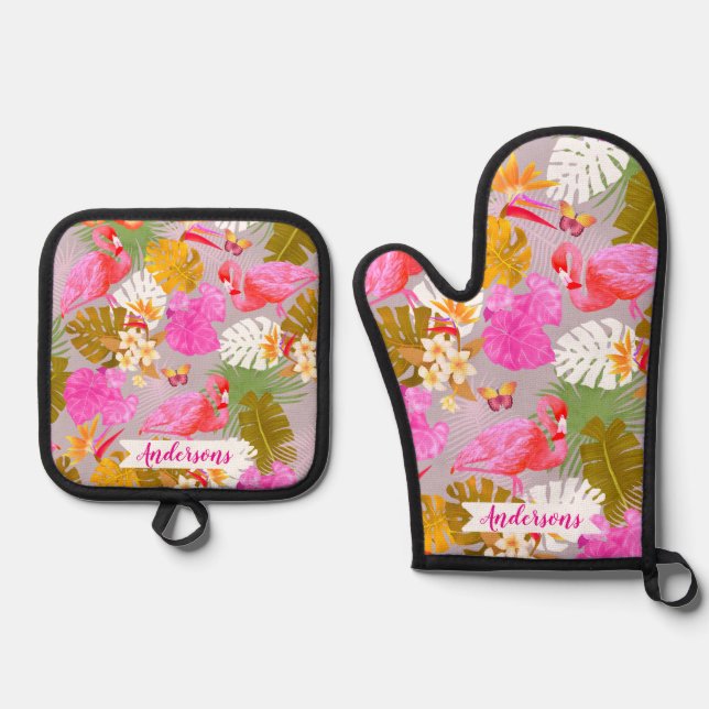 Flamingo Garden Pink Oven Mitt & Pot Holder Set (Front)