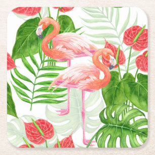 Flamingo garden square paper coaster