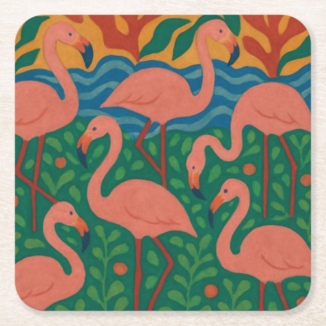 Flamingo Garden Square Paper Coaster (Front)