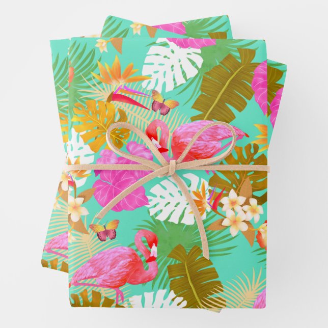Flamingo Garden Teal Wrapping Paper Sheet (In situ)