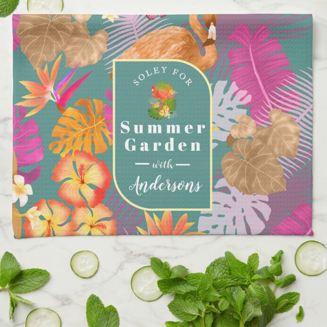 Flamingo Garden Turquoise Kitchen Towel (Folded)