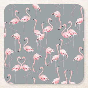 Flamingo Grey: Vintage Seamless Pattern. Square Paper Coaster