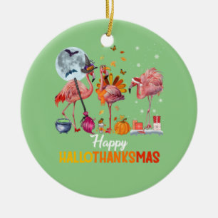 Flamingo Halloween And Merry Christmas Happy Hallo Ceramic Ornament