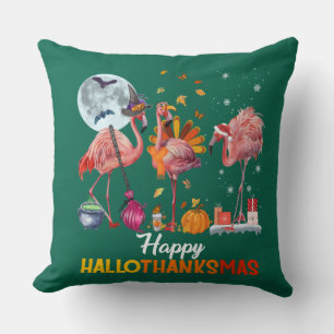 Flamingo Halloween And Merry Christmas Happy Hallo Throw Pillow