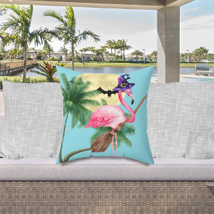Flamingo Halloween witch coastal beach decoration Throw Pillow