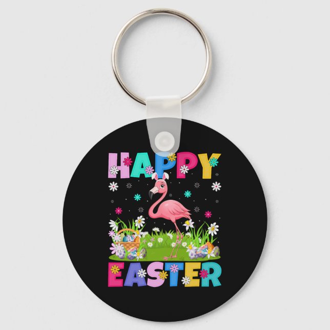 Flamingo Happy Easter Egg Hunt Bunny Ear Flamingo  Keychain (Front)