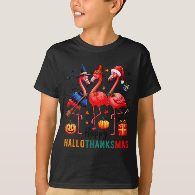 Flamingo Happy Hallothanksmas Funny Halloween Than T-Shirt (Front)