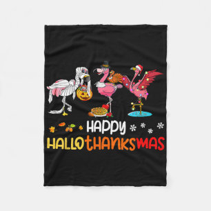 Flamingo Happy Hallothanksmas Halloween Thanksgivi Fleece Blanket