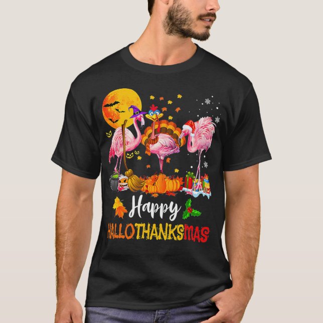 Flamingo Happy HalloThanksMas Halloween Thanksgivi T-Shirt (Front)