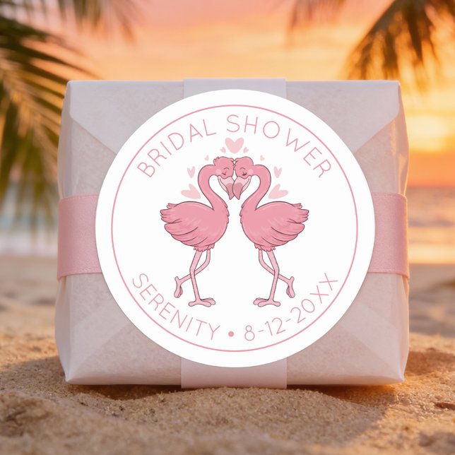 Flamingo Hawaiian Beach Tropical Bridal Shower Classic Round Sticker (Creator Uploaded)