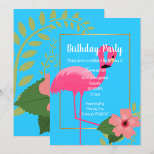  FLAMINGO HIBISCUS BLUE GOLD BIRTHDAY  INVITATION